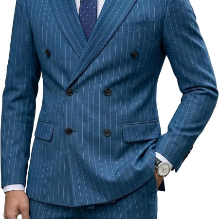 Men's 2 Piece Double-Breasted Suit, Slim Fit Stripe Tuxedo Set with Tie, Party Wedding Dress Blazer, Tux and Trousers
