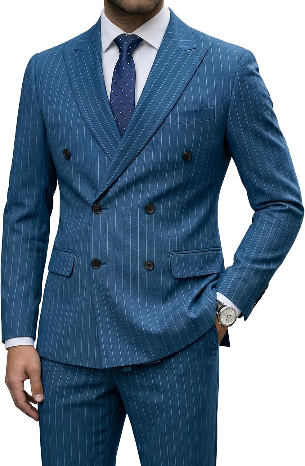 Men's 2 Piece Double-Breasted Suit, Slim Fit Stripe Tuxedo Set with Tie, Party Wedding Dress Blazer, Tux and Trousers