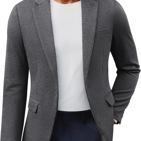 Men's Casual Knit Sport Coats One Button Slim Fit Blazer Notch Lapel Solid Suit Jacket with Pockets