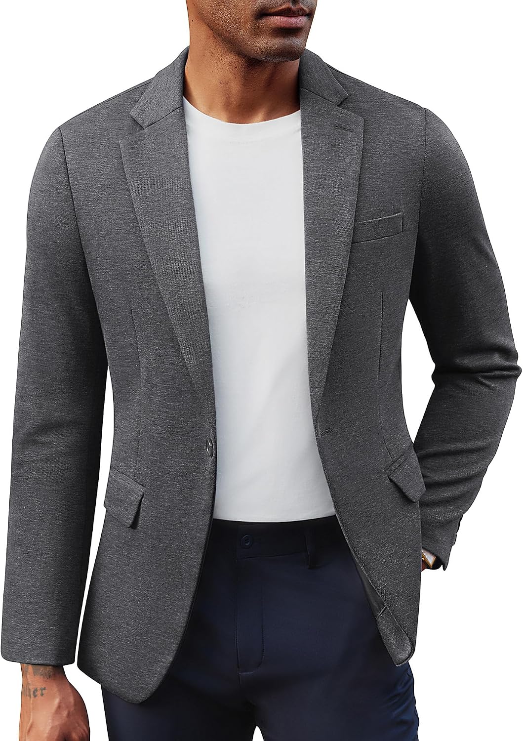 Men's Casual Knit Sport Coats One Button Slim Fit Blazer Notch Lapel Solid Suit Jacket with Pockets