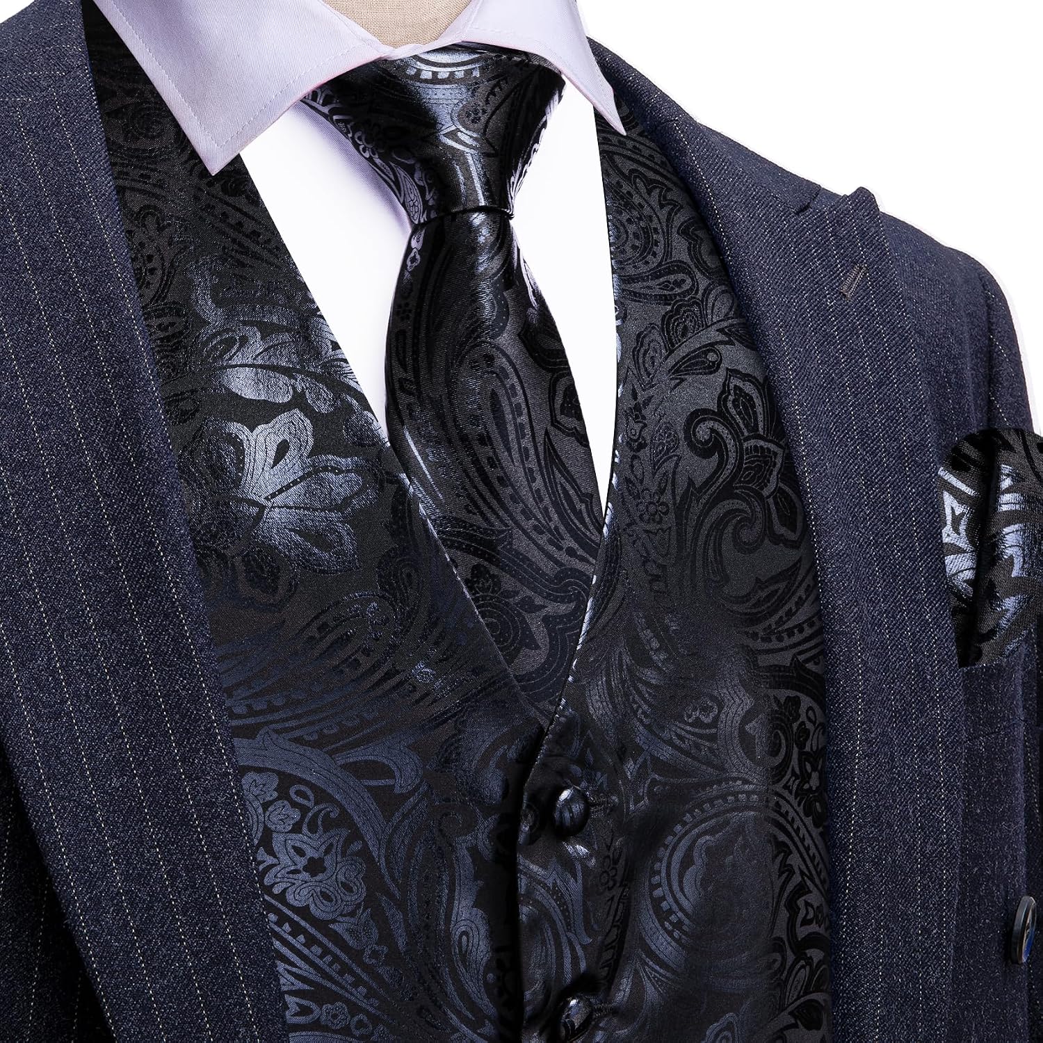 Mens Vest Tie BowTie Set Shiny Floral Suit Vests Necktie Cufflinks Hanky Formal Waistcoat Wedding Party Disco 7PCS - Image 2