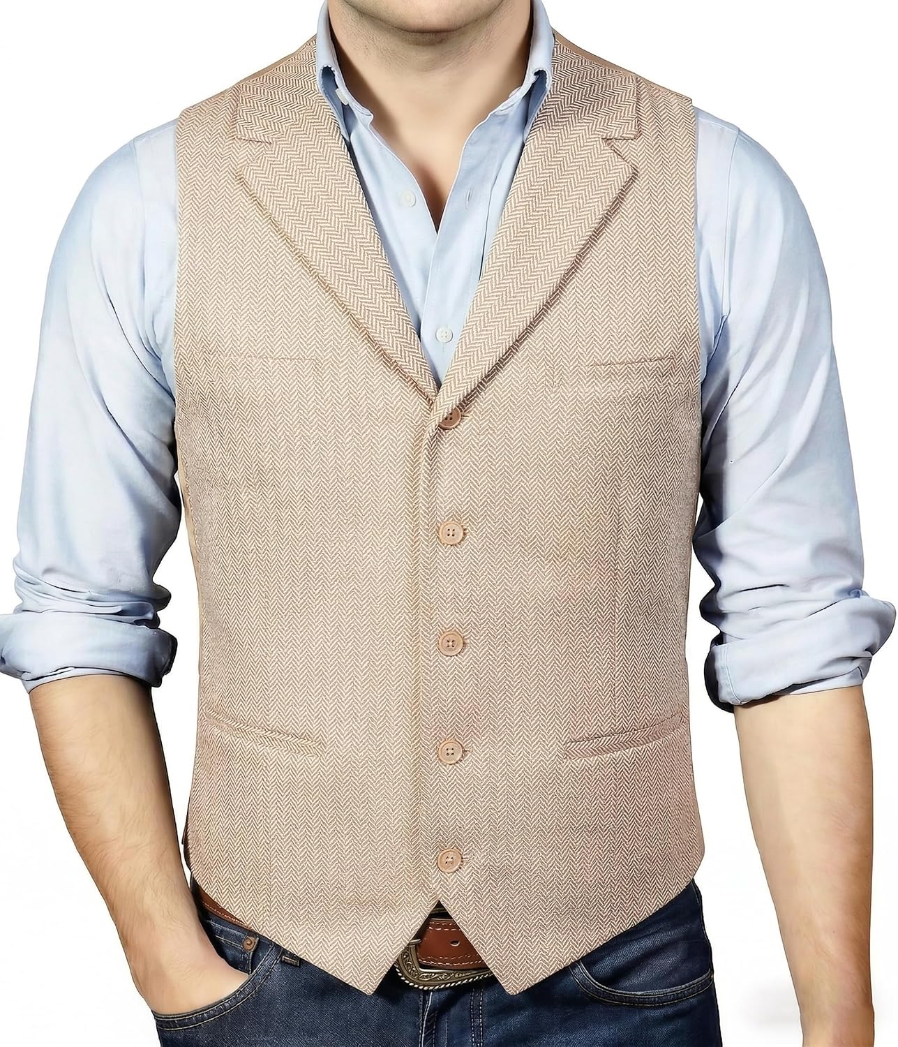 Mens Suit Vest tweed Herringbone Notched Lapel Formal Business Waistcoat for Wedding Party - Image 2