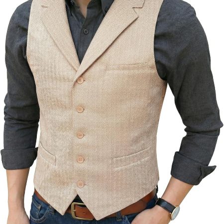 Mens Suit Vest tweed Herringbone Notched Lapel Formal Business Waistcoat for Wedding Party