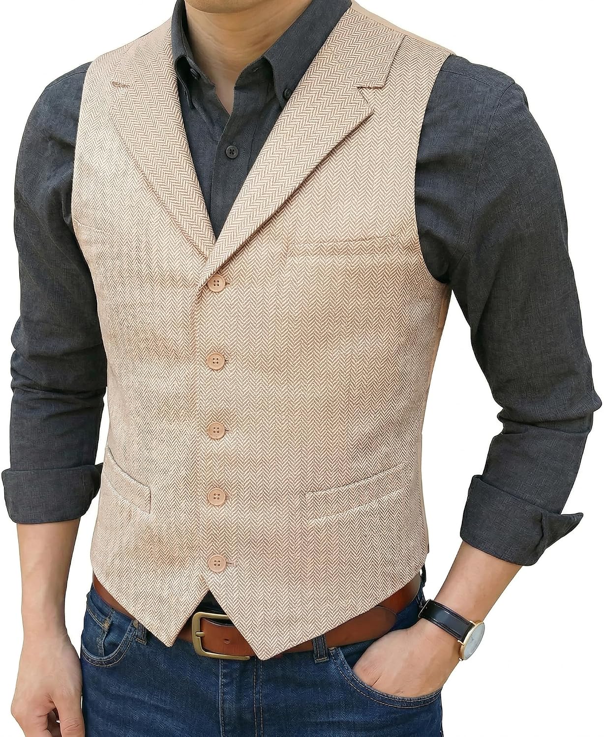 Mens Suit Vest tweed Herringbone Notched Lapel Formal Business Waistcoat for Wedding Party