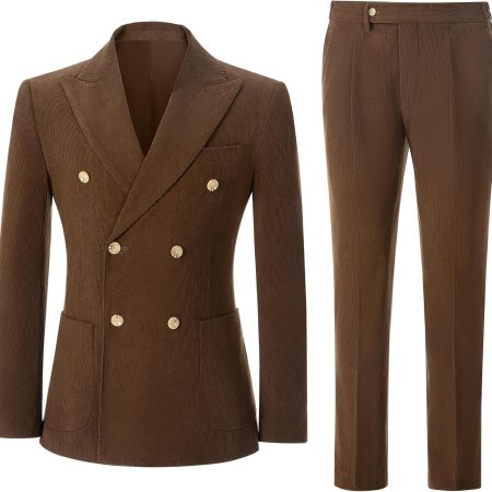 Men 2 Piece Corduroy Suit Slim Fit Suits Double Breasted Suit Blazer Jacket Pants Set Formal Wedding Prom Tuxedos