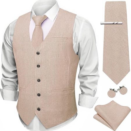 Mens Suit Vest Tie Set Linen V-neck Waistcoat Clip Hanky Cufflinks Vintage Tuxedo Casual Wedding Business 5PCS