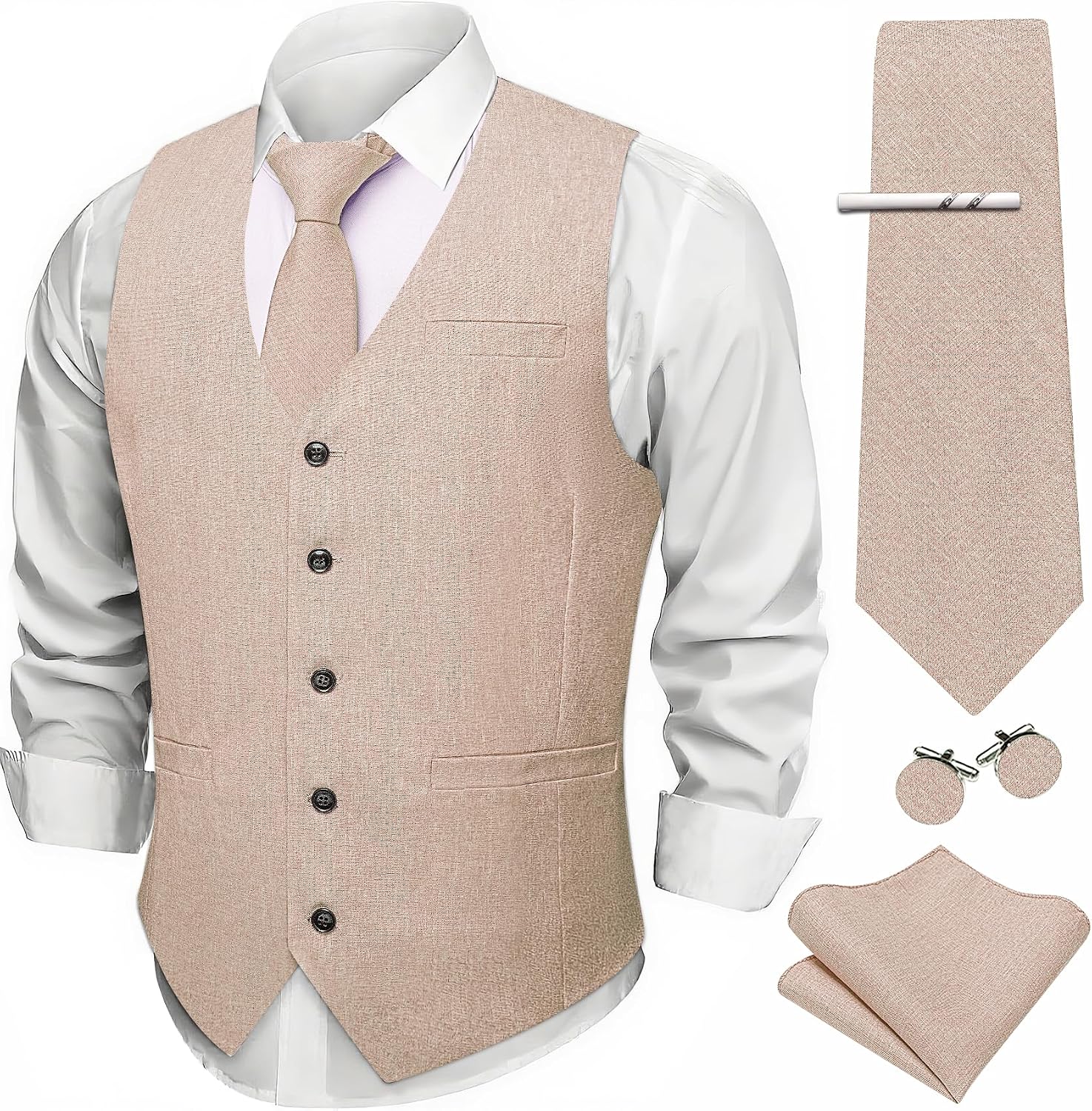 Mens Suit Vest Tie Set Linen V-neck Waistcoat Clip Hanky Cufflinks Vintage Tuxedo Casual Wedding Business 5PCS